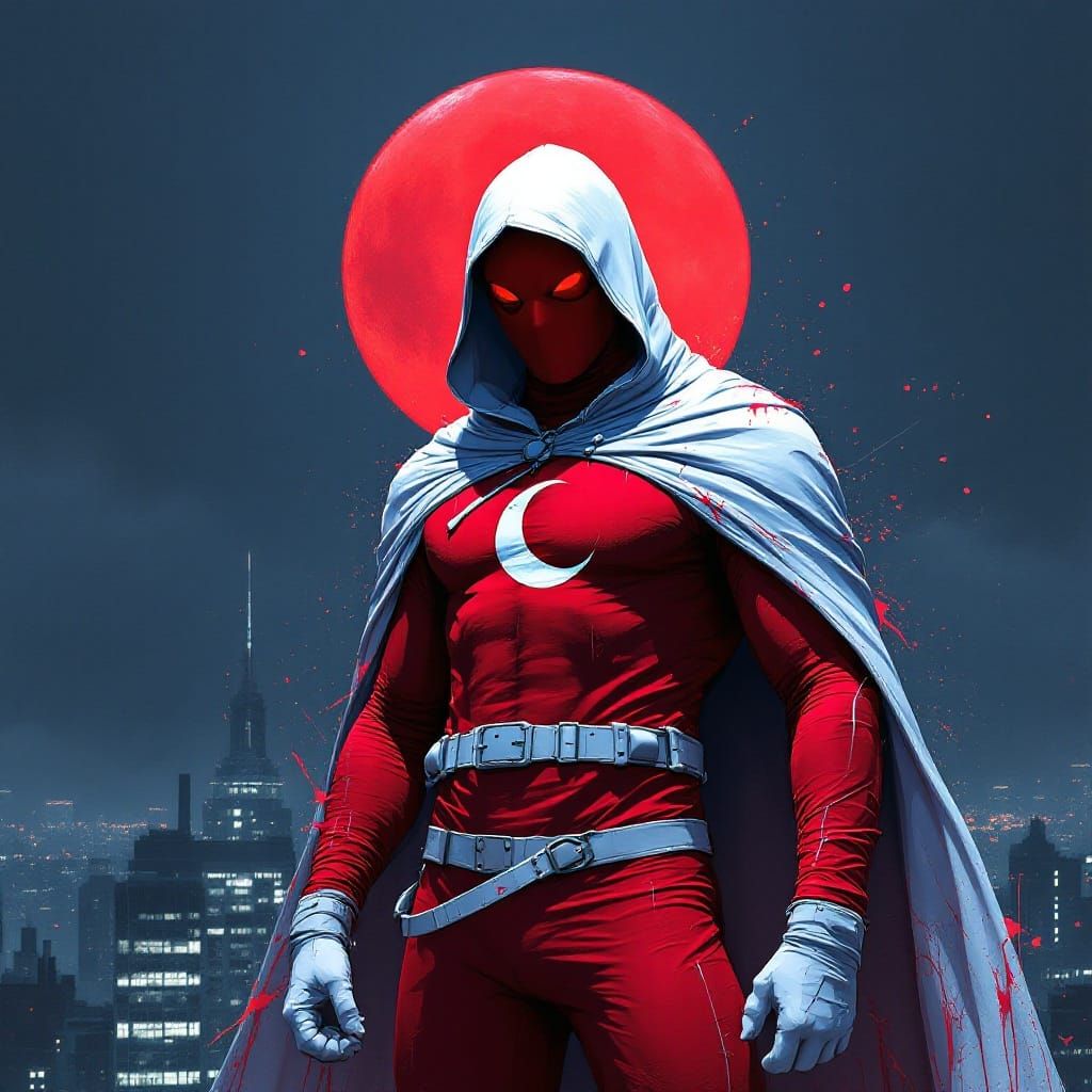 Mysterious Figure Dominates City Rooftop Under Blood Moon