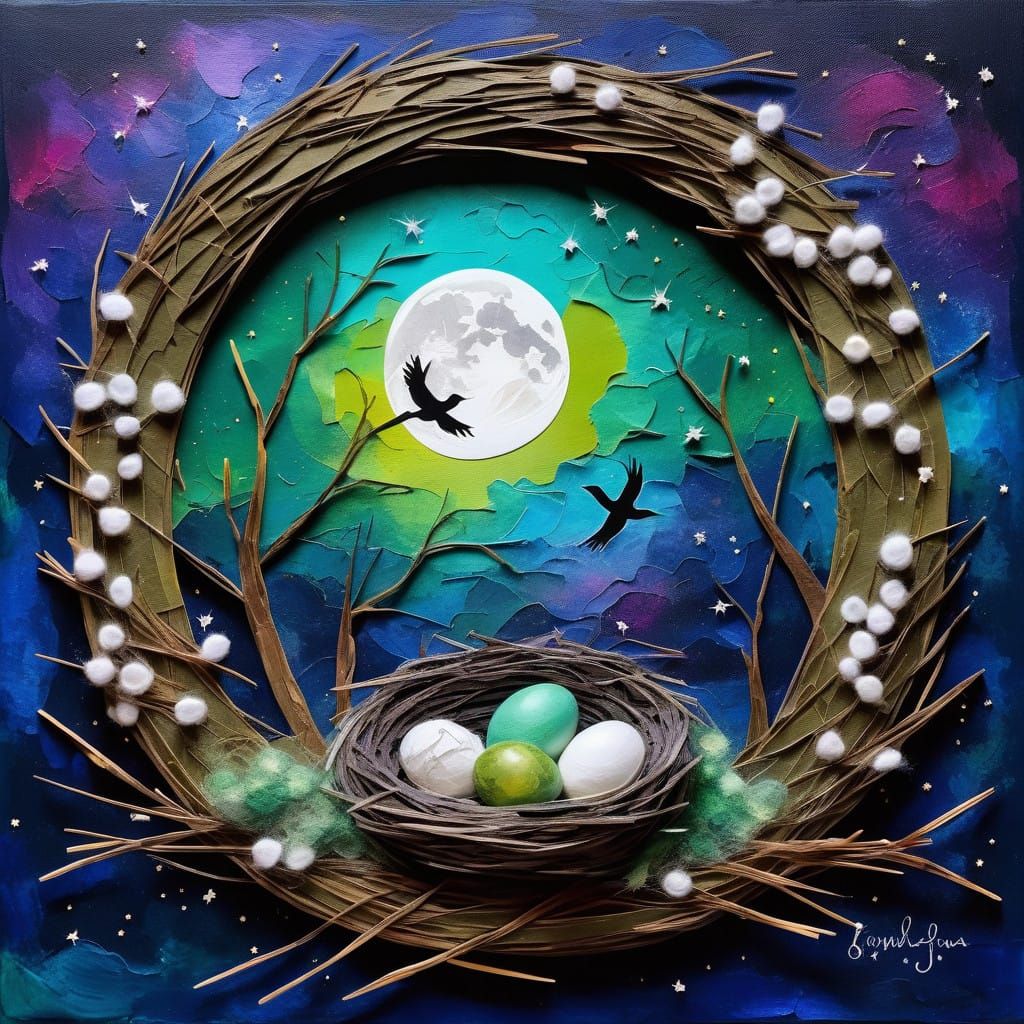 Lunar Nest Scene in Impasto Style