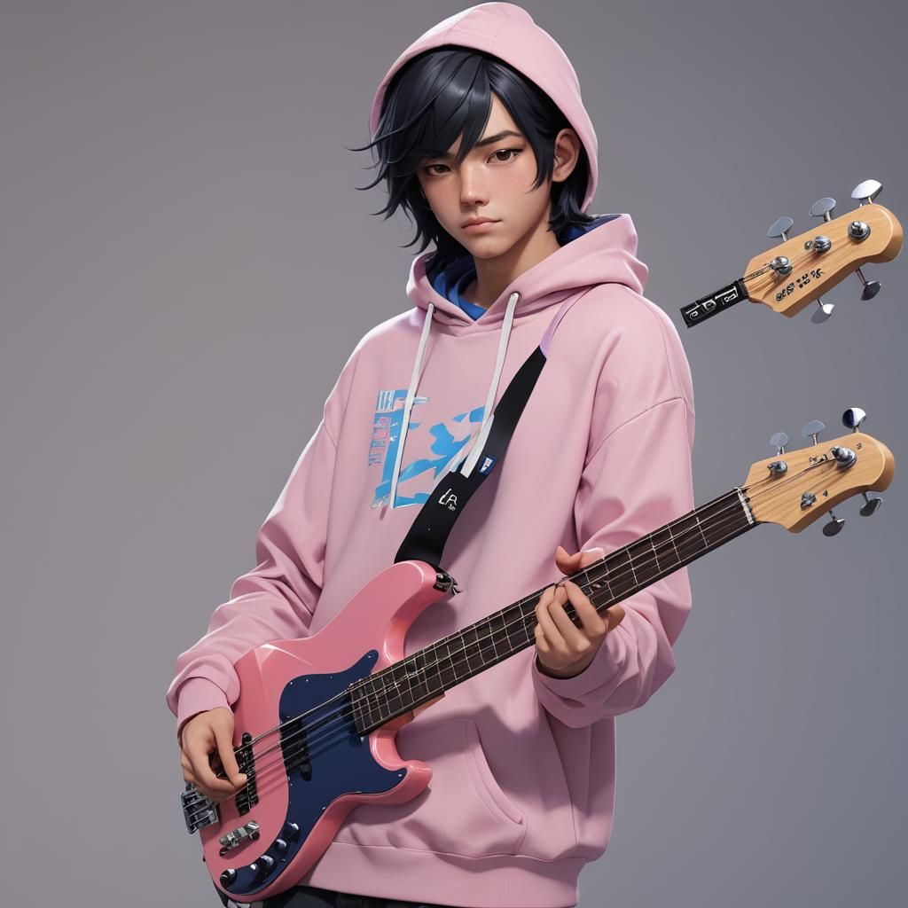 Teenage Boy with Bass Guitar in Anime Style