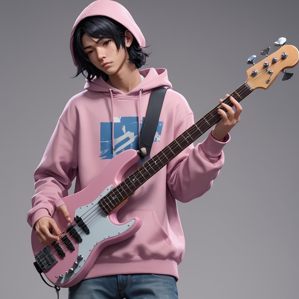 Boy with Bass Guitar in Anime Style