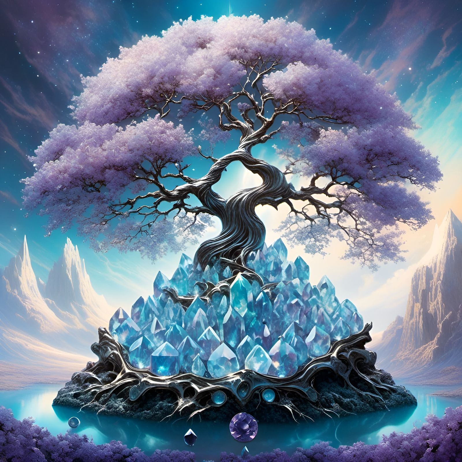 Elemental Crystal Tree with Silver Ornaments