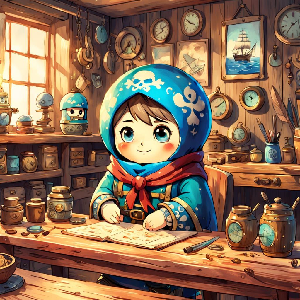 Whimsical Watercolor Pirate Matryoshka Doll in a Treasure Tr...