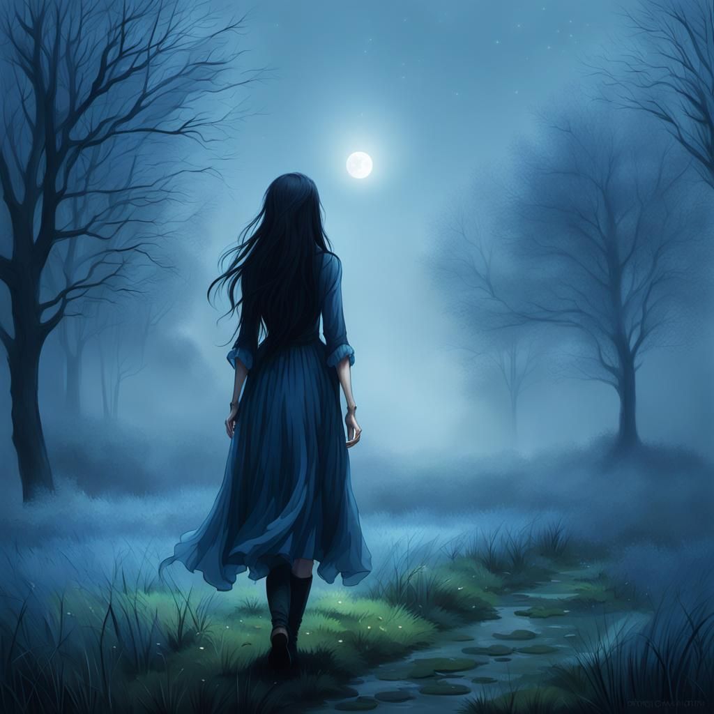 Girl Walking in Mist at Night