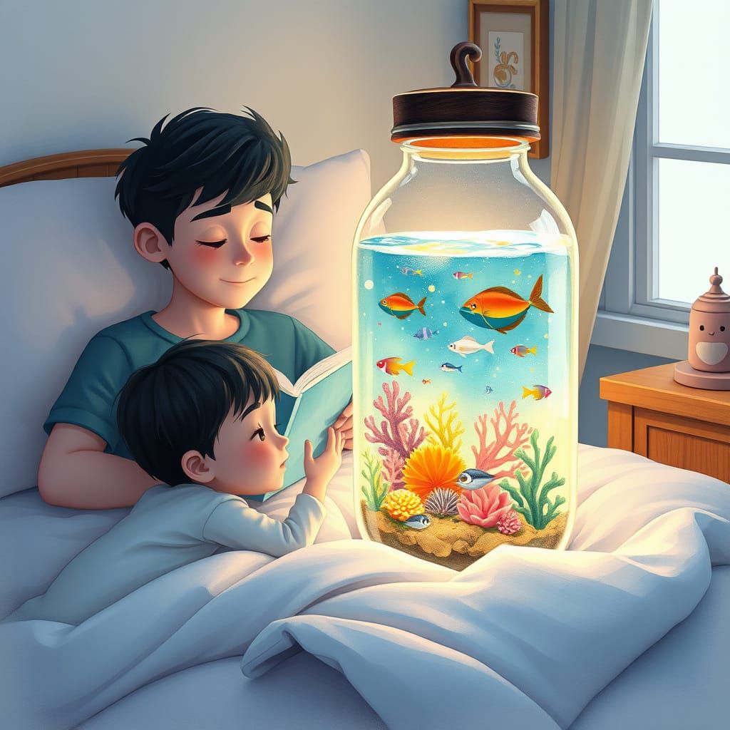 Bedtime Story in a Jar: Whimsical Watercolor Scene