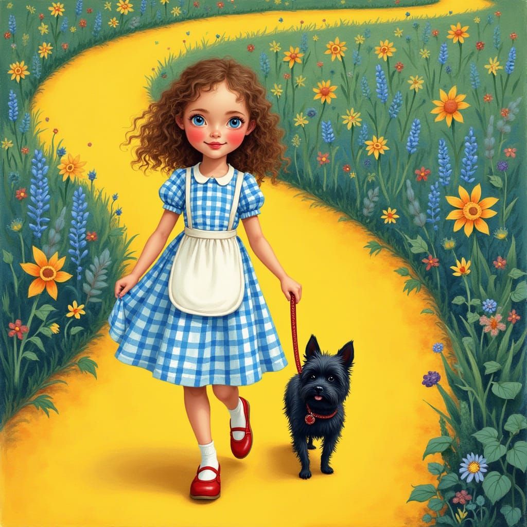 Girl in Whimsical Gingham Wonderland Strolls with Faithful D...