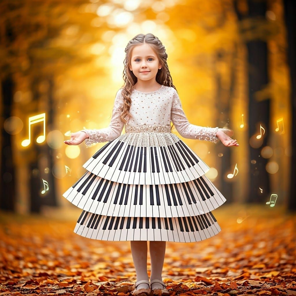 Intricate Piano Dress Girl in Autumn Breeze