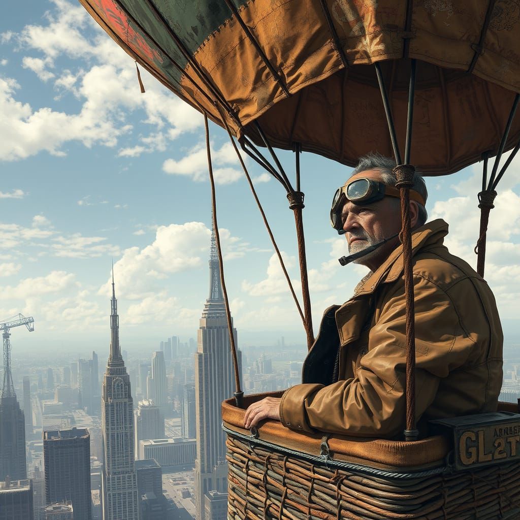 Post-Apocalyptic Survivor in Weathered Hot-Air Balloon