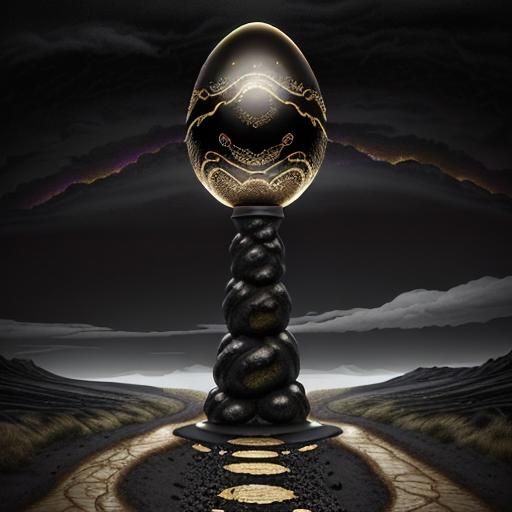 Ornate Gold Egg on Pedestal in Alien Landscape