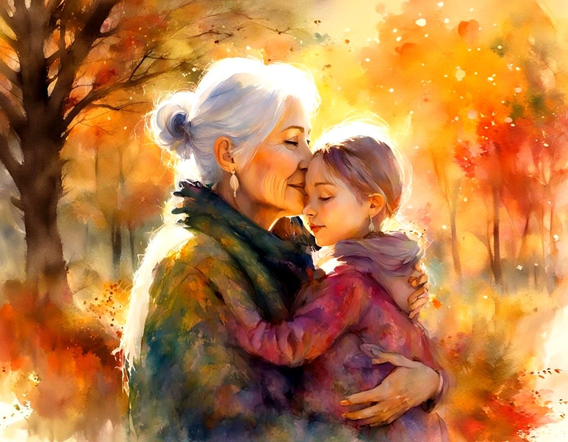 Grandmother and Granddaughter Hugging in Fall Park