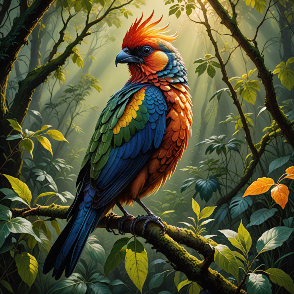 Majestic Multicolored Bird in Hyper-Realistic Oil Painting