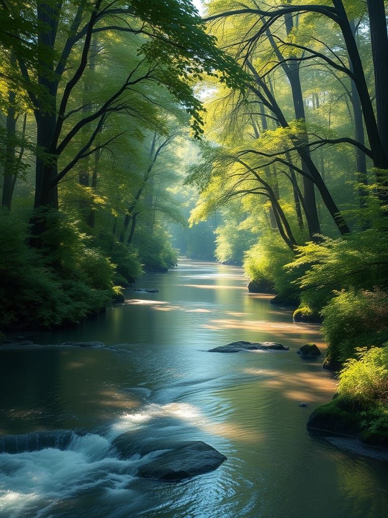Peaceful Forest River in Dappled Sunlight