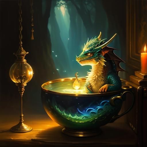 Cute Dragon Relaxing in Teacup: Oil Painting