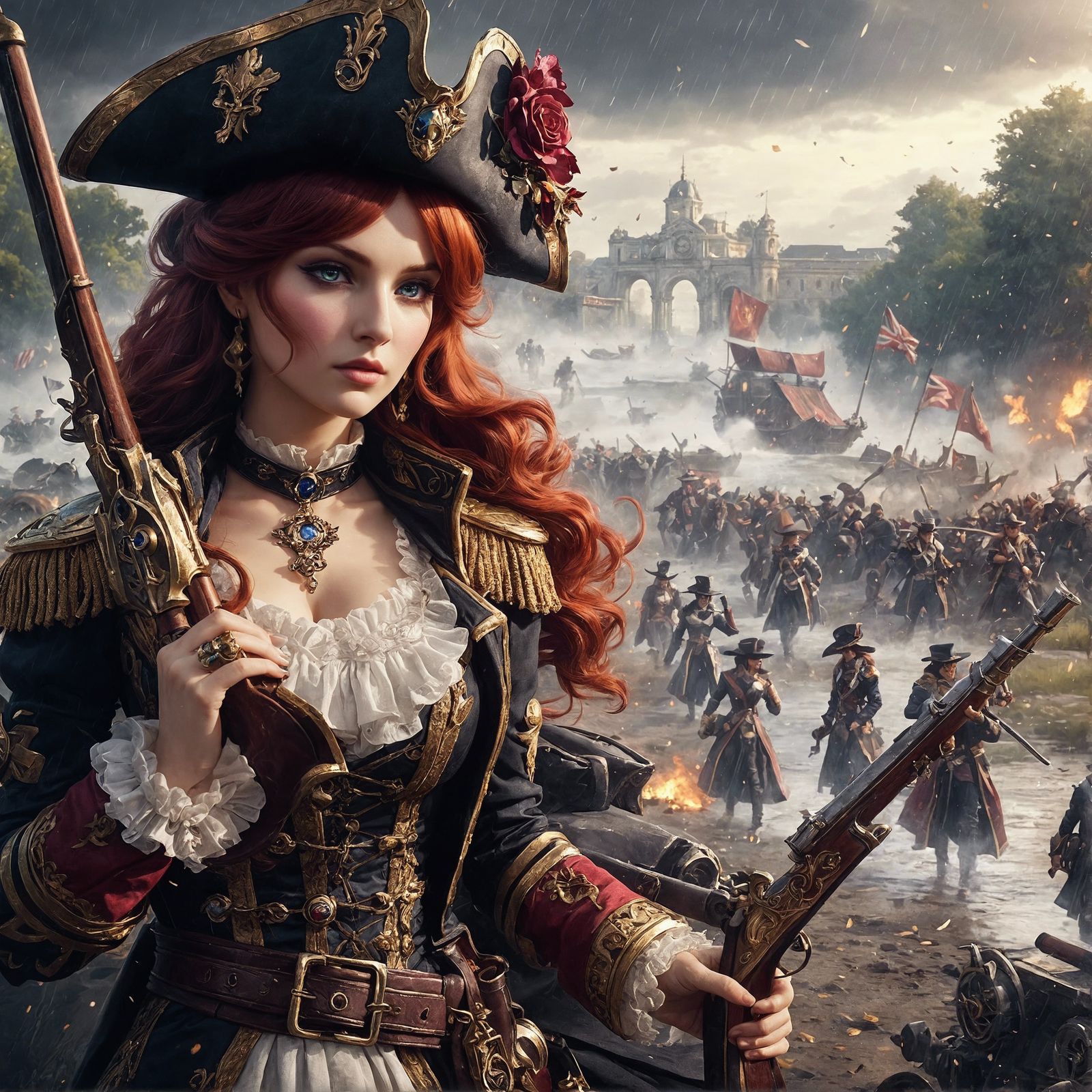 Fantasy Waterloo Battle Scene with Auburn-Haired Woman