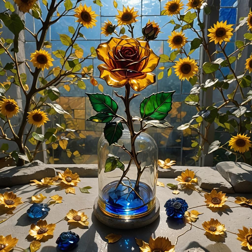 Glass Rose with Gold Leaves in Glass Cover