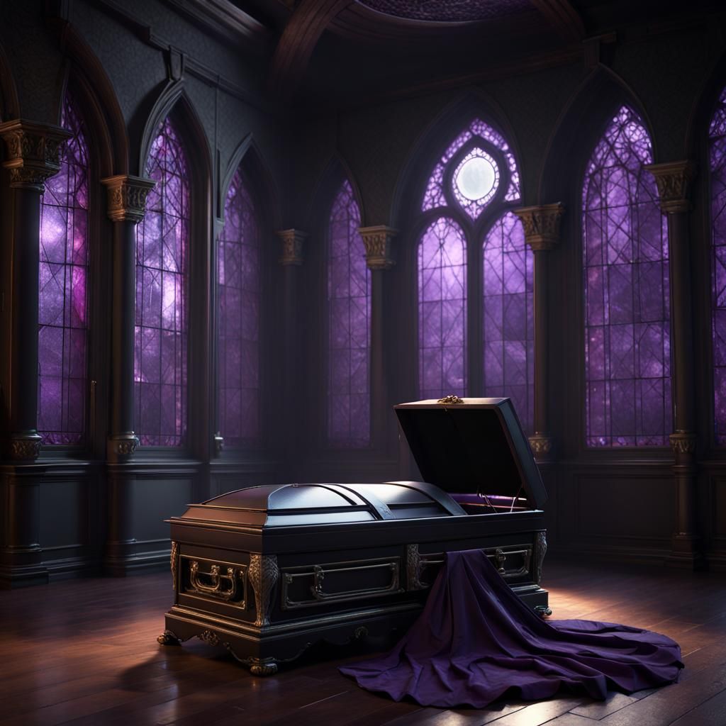 Crying Woman Beside Casket in Castle, 3D Render