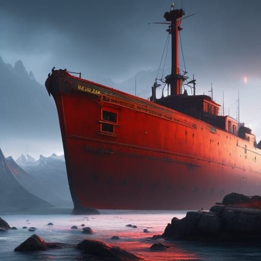 Red Ship in Snowy Lofoten Winter Landscape