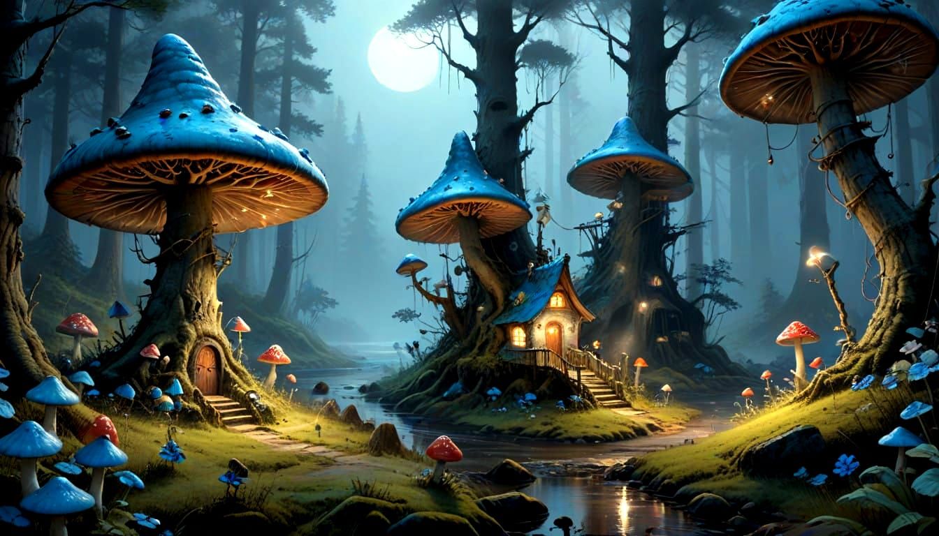 Whimsical Smurfs in a Glowing Mushroom Forest