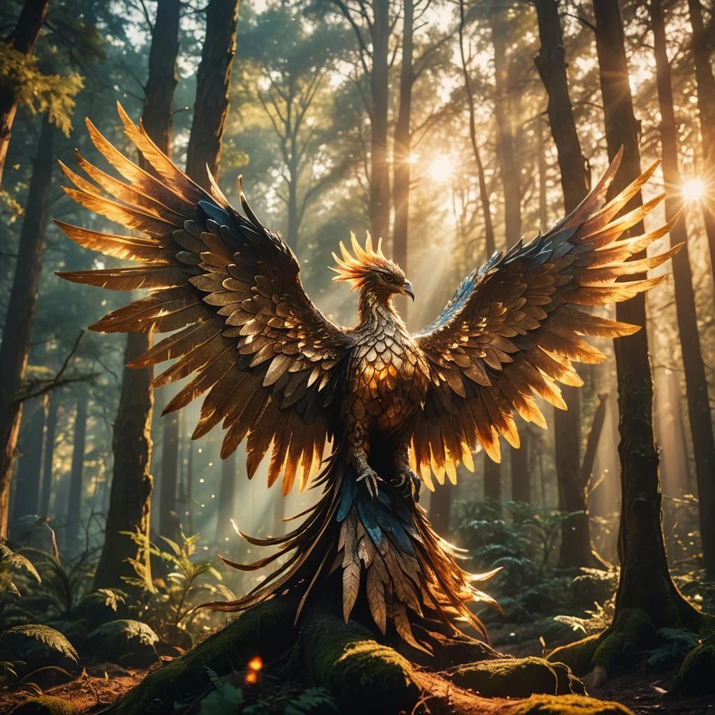 Majestic Crystal Phoenix in Ancient Forest