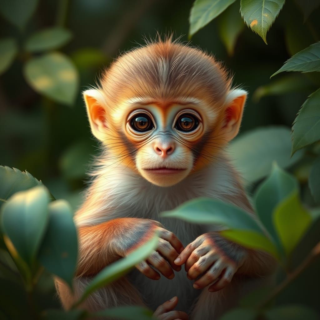 Realistic Baby Monkey in a Lush Green Habitat