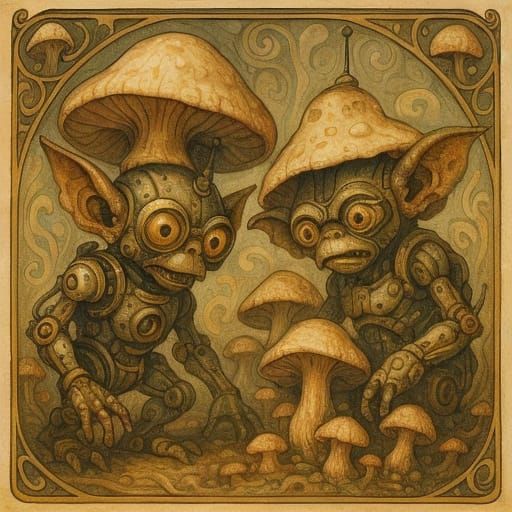 Surreal Machine Elf and Mushroom in Art Nouveau Style