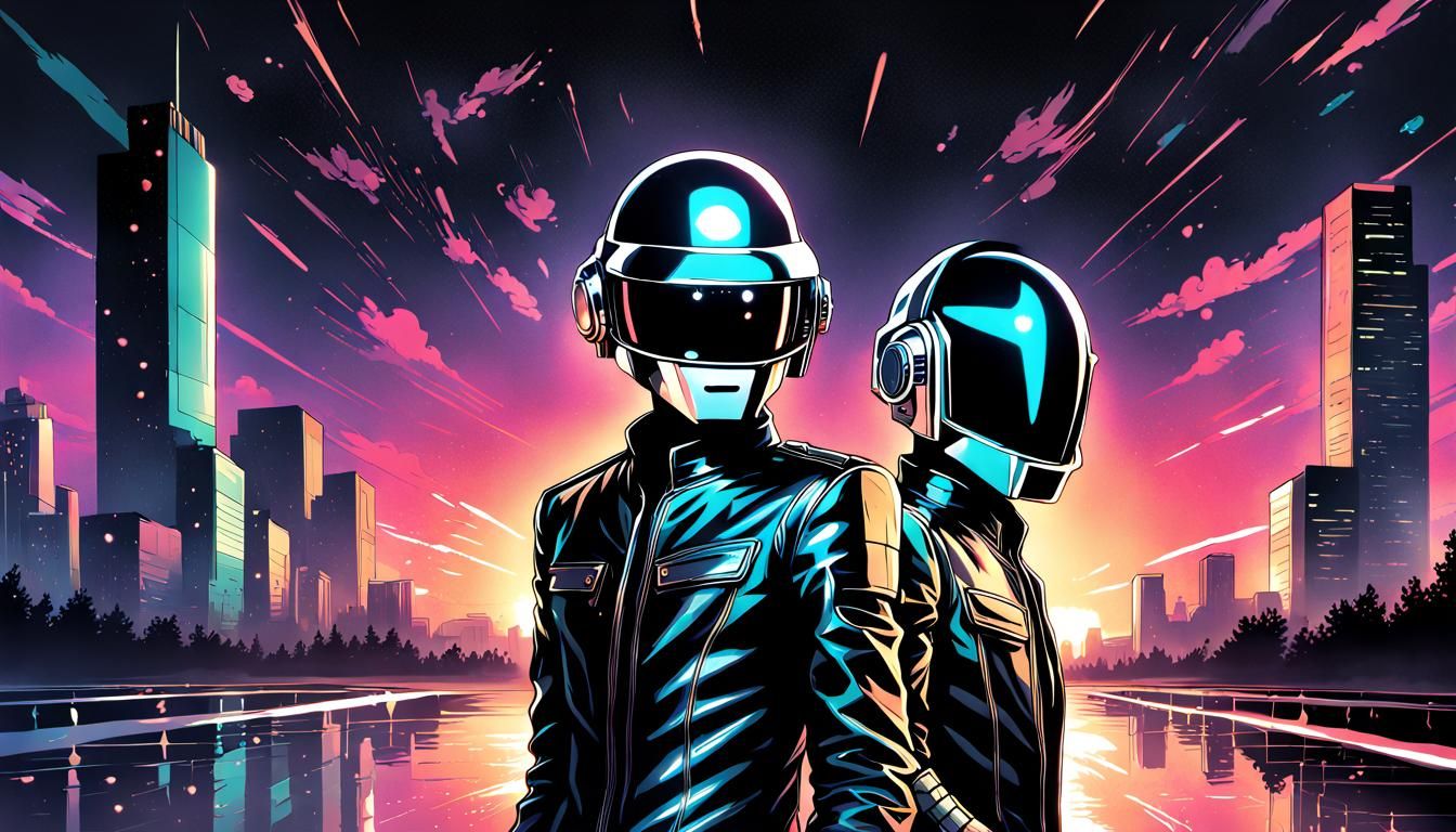 Daft Punk Night in Anime Comic Book Style