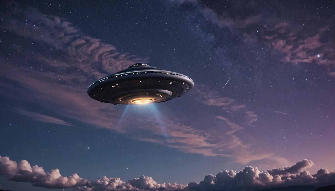 UFO Flying Saucer Soaring in Starry Night Sky
