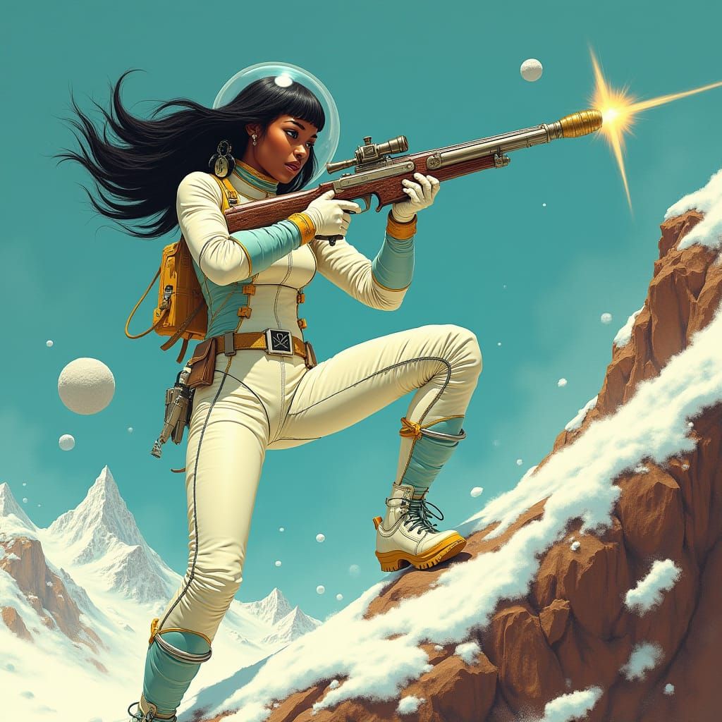 Woman Warrior in Retro-Futuristic Sci-Fi Landscape