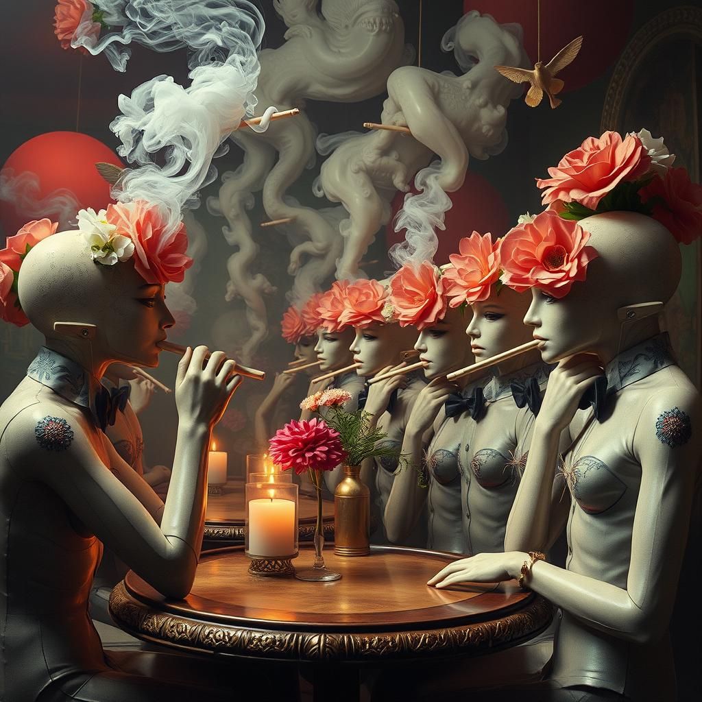 Surreal Mannequin Flower Eaters in Smoking Bar