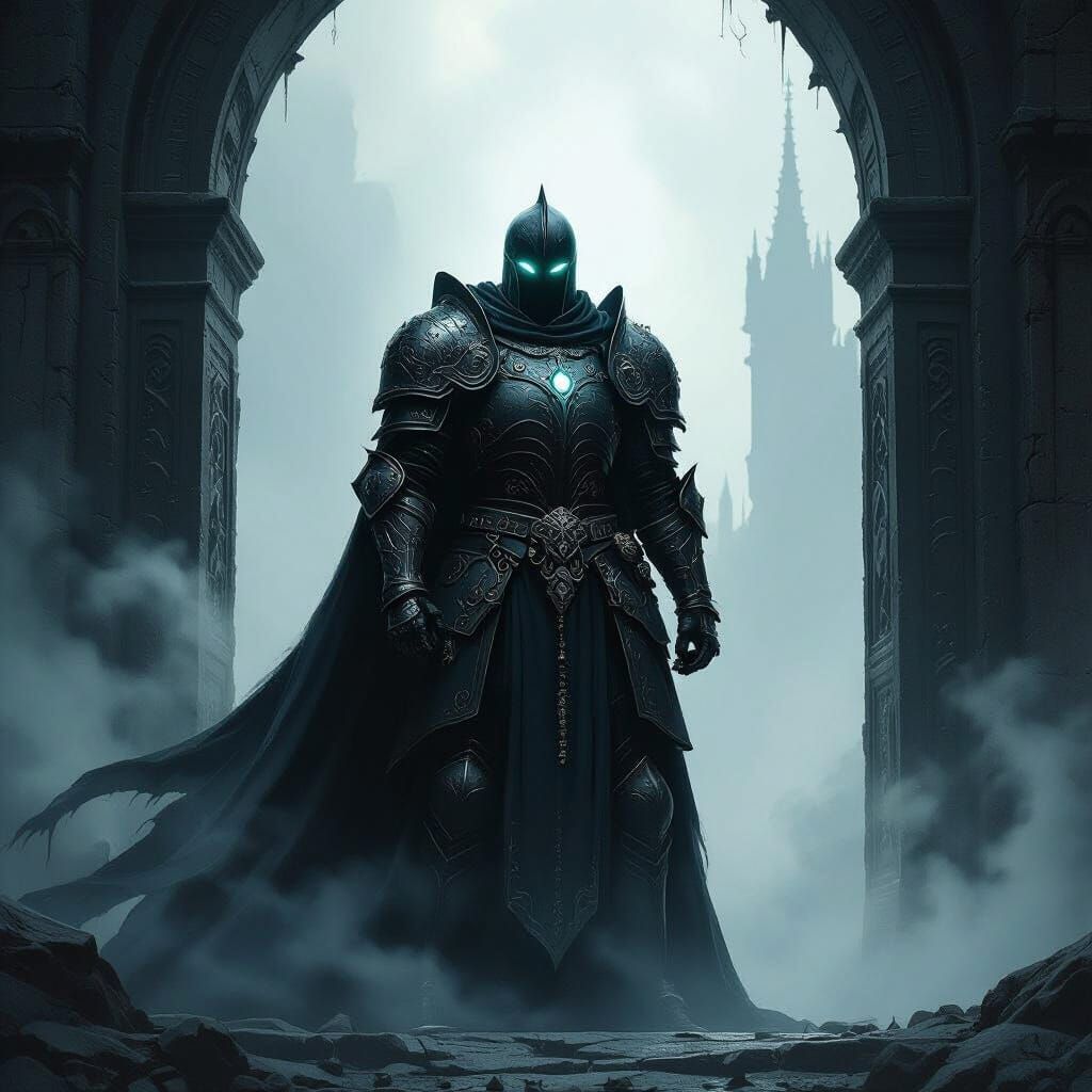 Spectral Knight Guards Obsidian Gate in Dark Fantasy Style