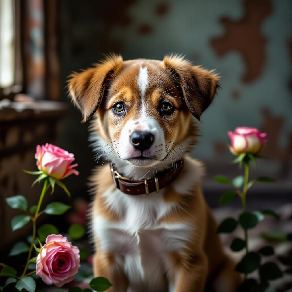 A photorealistic portrait of a young pup dog girl, her ears ...