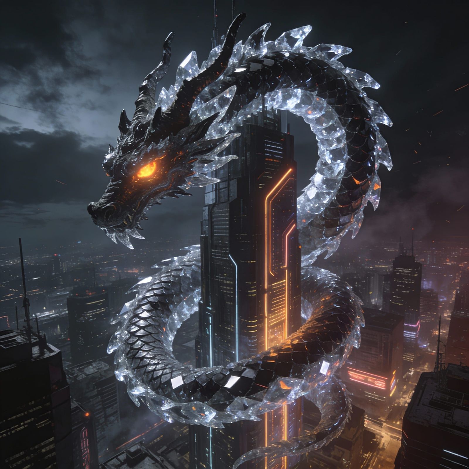 Crystallized Dragon Coiled Around Neon Skyscraper