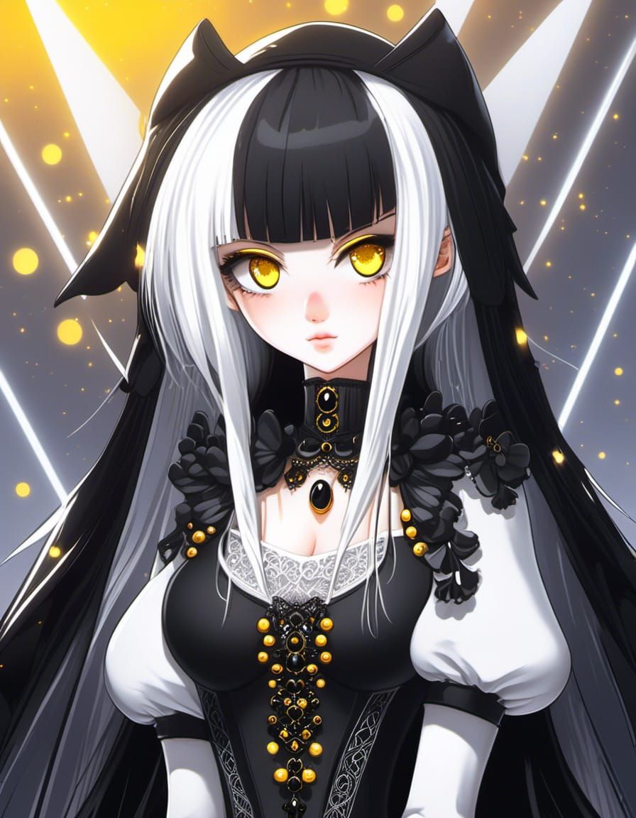 Cute Goth Girl, <Black with White Hair>, Yellow Eyes, White and Black Clothes, by artist "MAPPA", Half Portrait, Anime, ...
