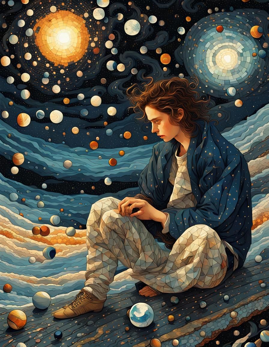 Children Playing Marbles on Starry Night, Mosaic Illustratio...