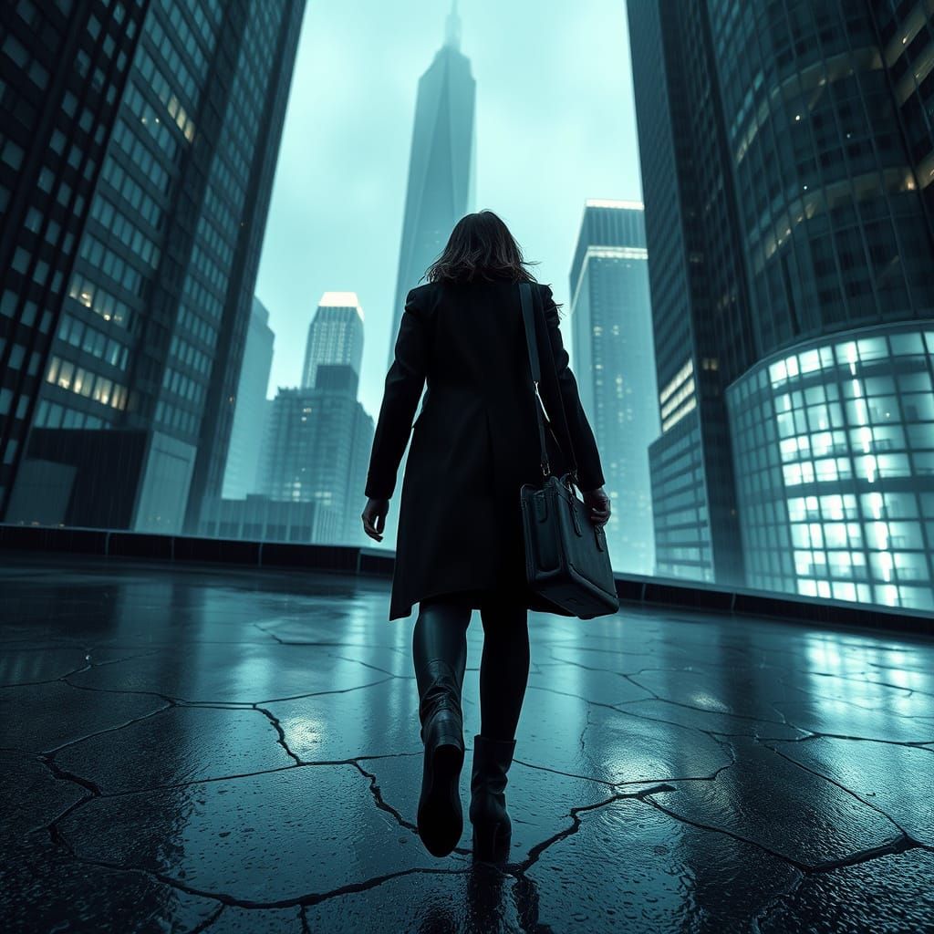 Rain-Slicked Rooftop Noir Scene with Gleaming Briefcase