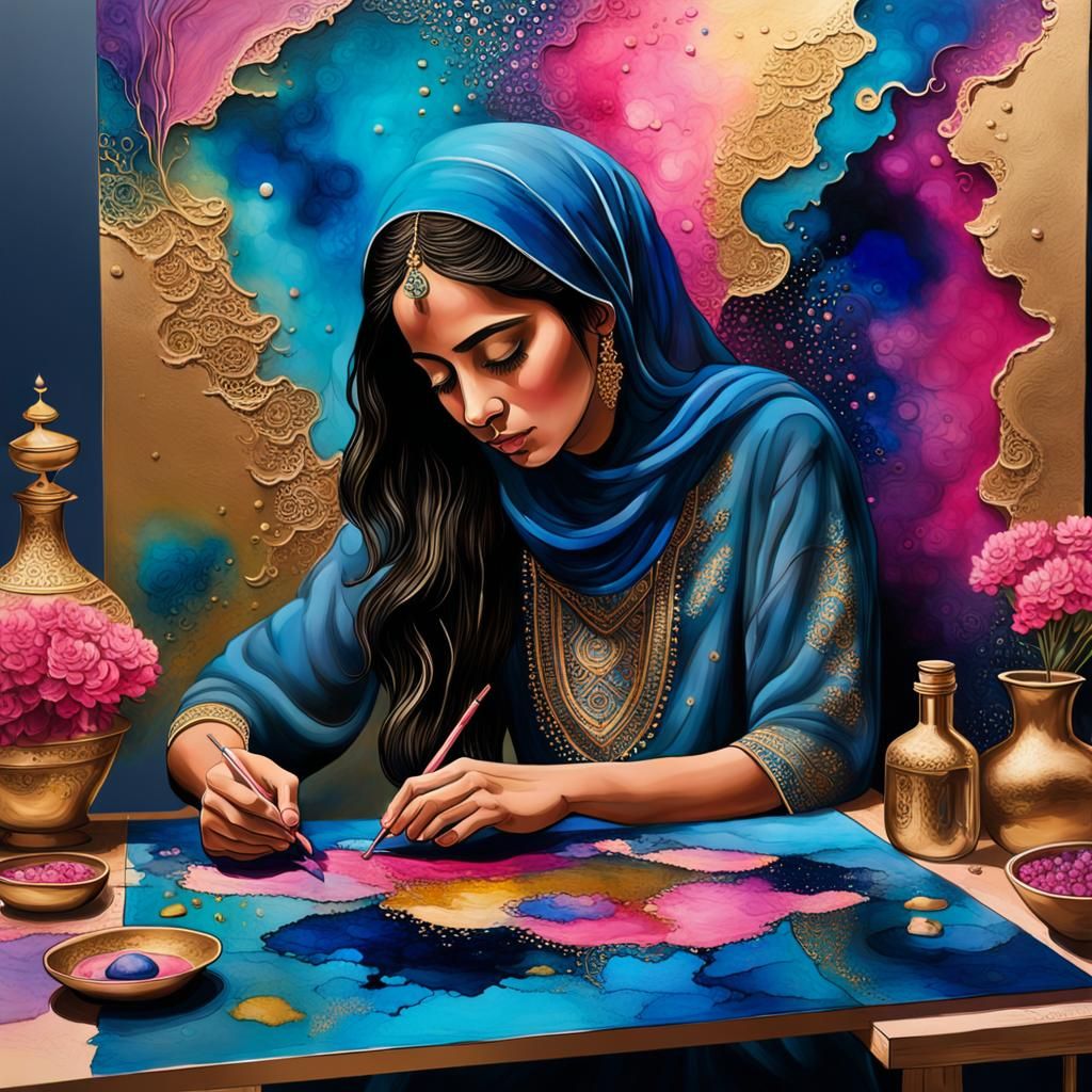 Capture the intricate scene of a female Middle-Eastern artis...