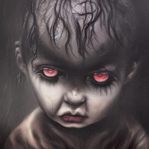 Surreal Oil Painting of a Child in Dark Eerie Landscape