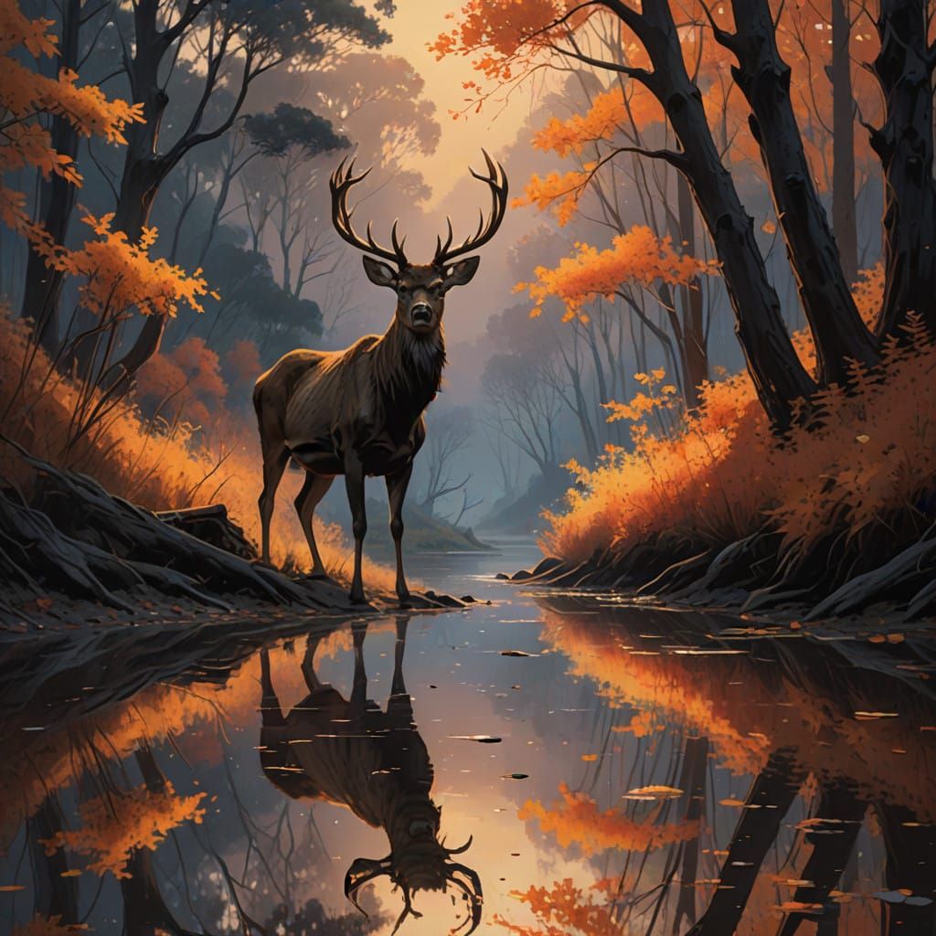 Autumn Deer Contemplating Reflection in Vibrant River Landsc...