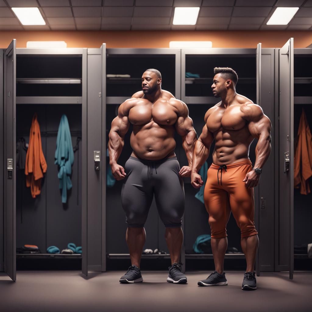 Musclehunks in Gym Locker Room: Detailed Matte Painting