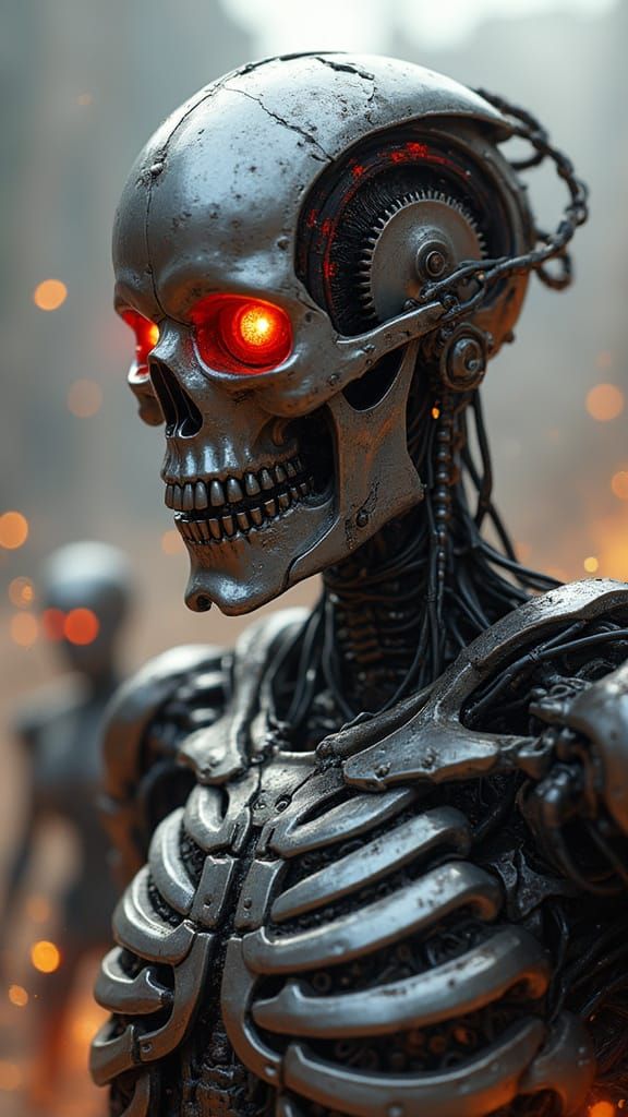 Cybernetic Endoskeleton with Red Eyes in Cyberpunk Style