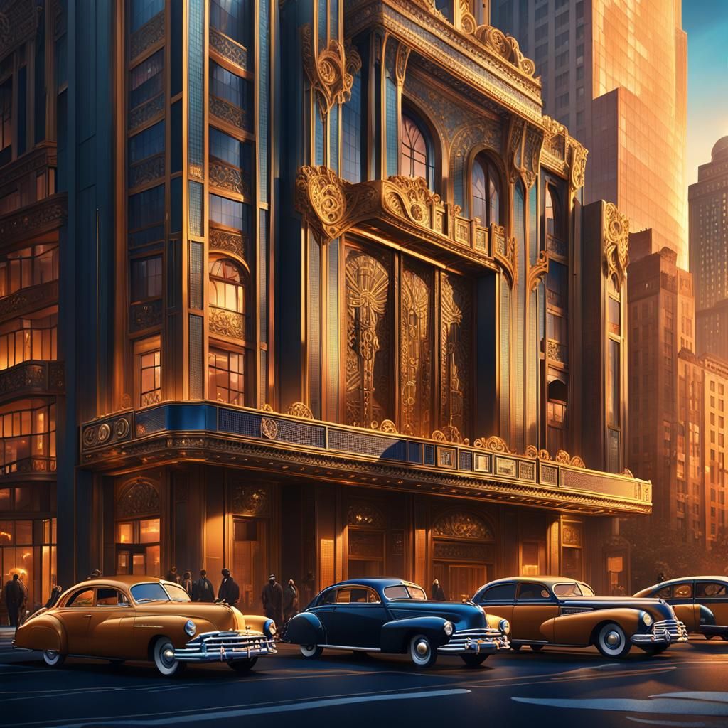 Art Deco Cityscape with Skyscrapers and Vintage Cars