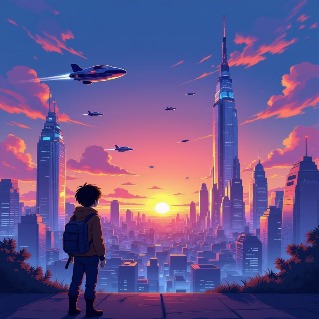 Retro-Futuristic Cityscape at Sunset in Anime Style