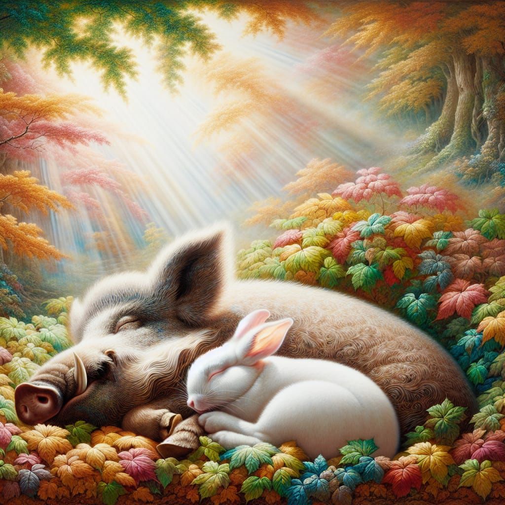 Rabbit and Boar Napping in Autumn Sunlight