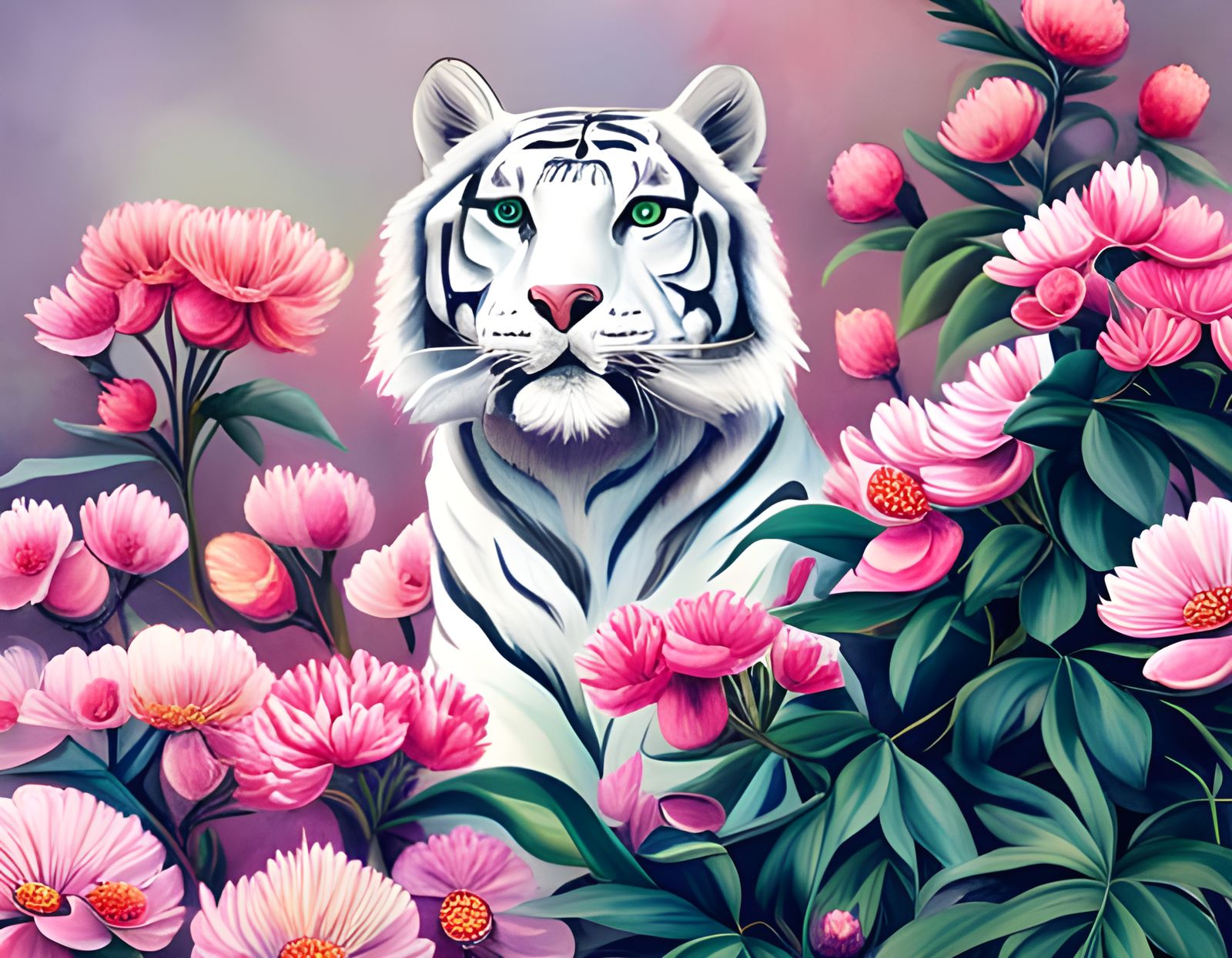 White Tiger in Ukiyo-e Watercolor Blossom