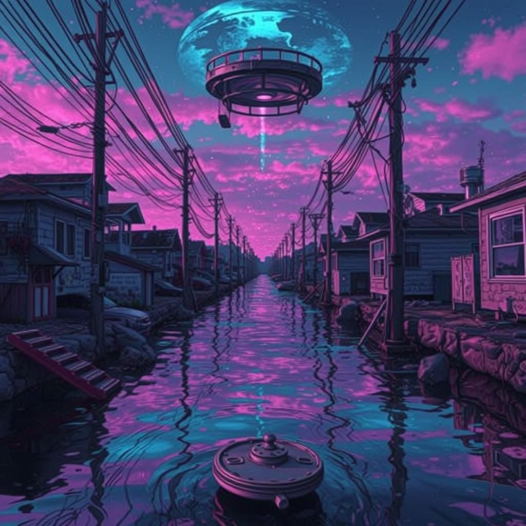 Vaporwave Submerged Suburb Dreamscape