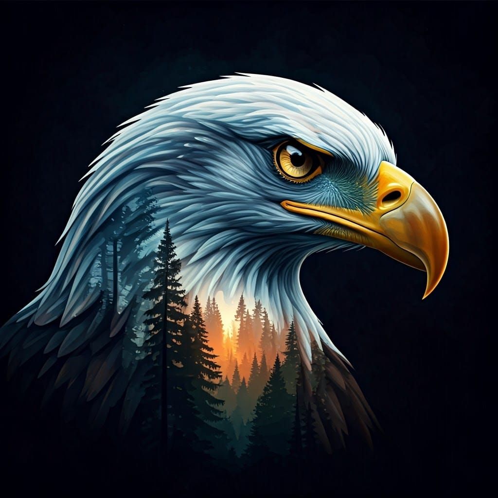 Mystical Forest Eagle Silhouette Double Exposure Art