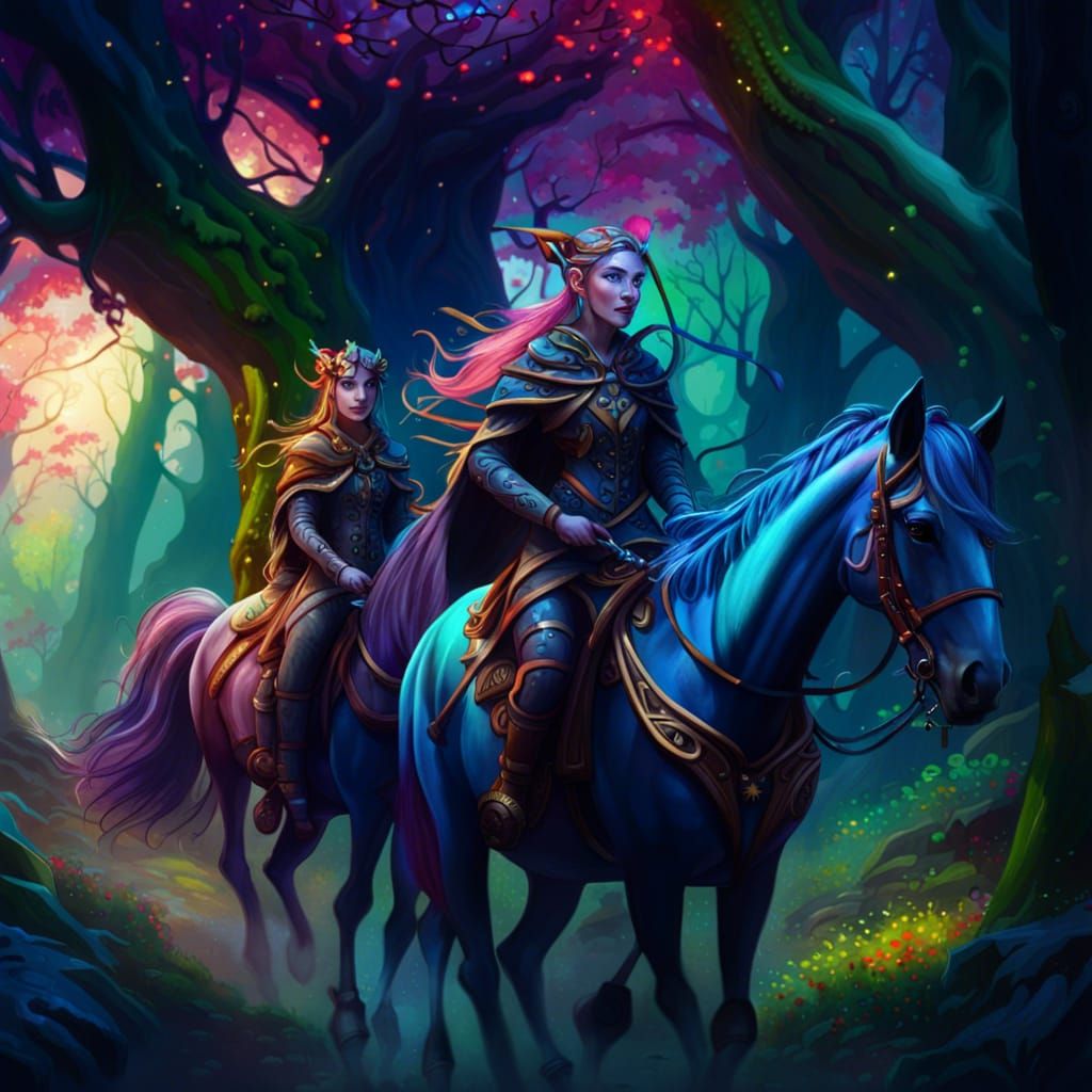 Elves Ride Through Magical Forest Landscape