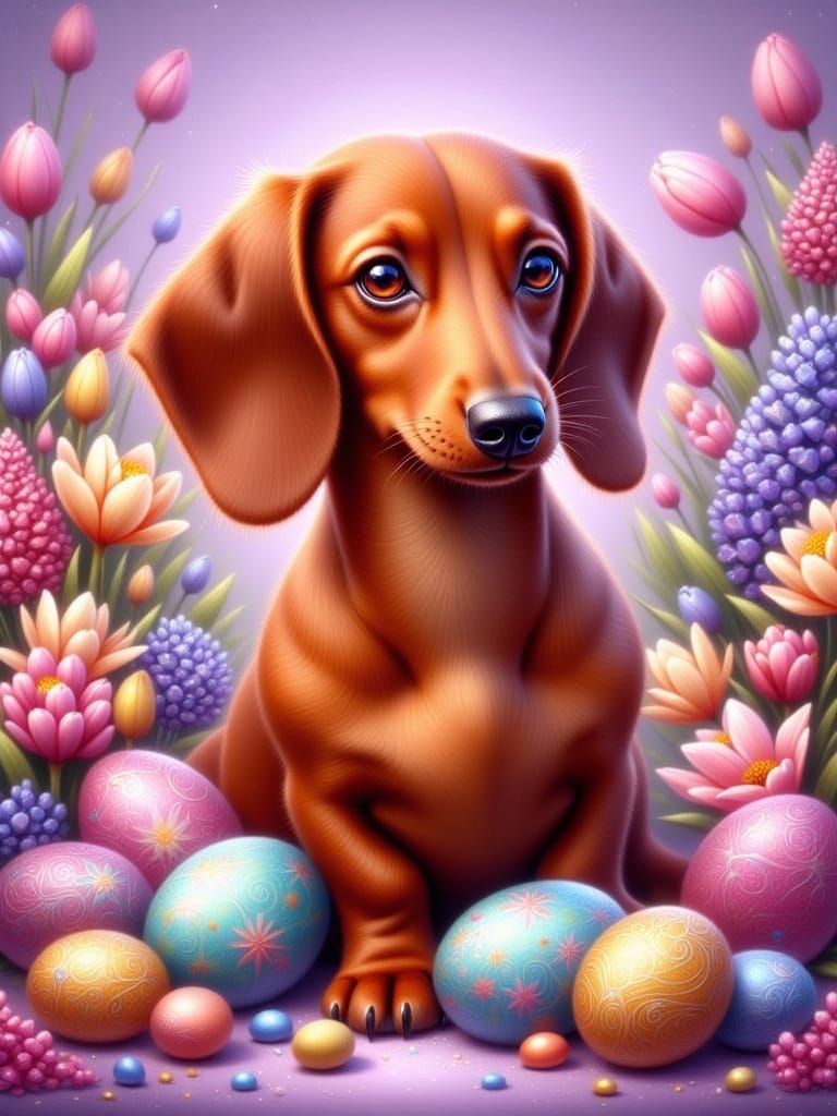 Easter Regalia: A Dachshund Amidst Spring Blooms in Fineline...