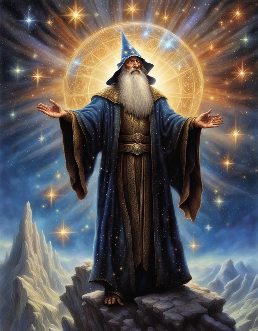 Ethereal Wizard in Jeweled Sky, Fantastical Matte Painting