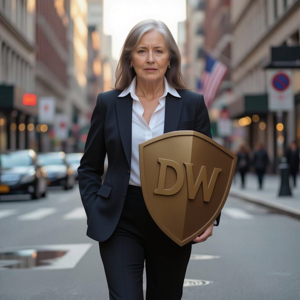 Woman Warrior Walking City Street With 'DW' Symbol