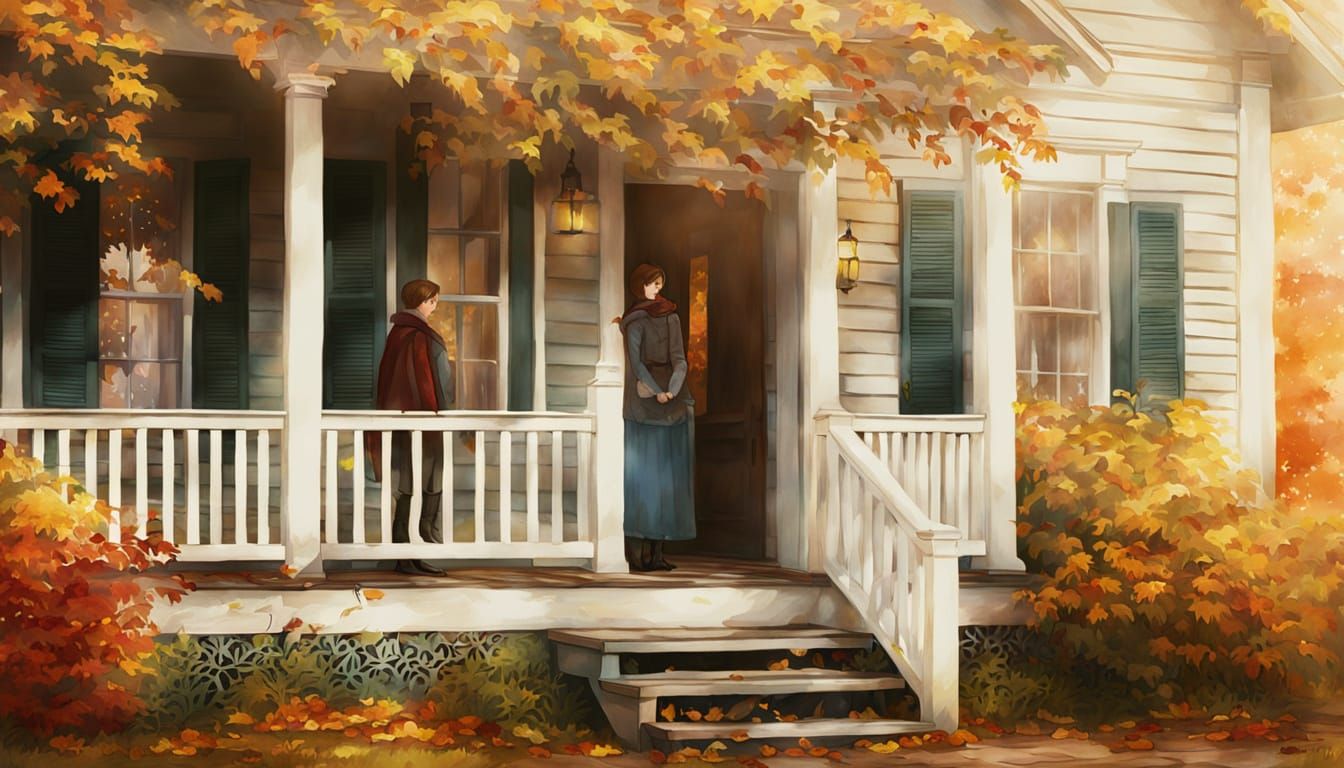 Autumn Porch Scene in Watercolor Style